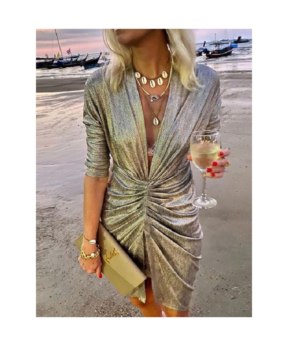 2022 Sexy Deep V Neck Draped Silk Party Dress Women New Elegant Slim Slit Mini Dress Spring Autumn Casual Solid Bodycon Dress...