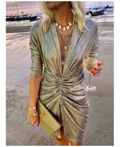 2022 Sexy Deep V Neck Draped Silk Party Dress Women New Elegant Slim Slit Mini Dress Spring Autumn Casual Solid Bodycon Dress...