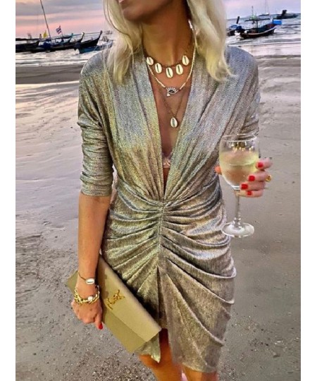 2022 Sexy Deep V Neck Draped Silk Party Dress Women New Elegant Slim Slit Mini Dress Spring Autumn Casual Solid Bodycon Dress...