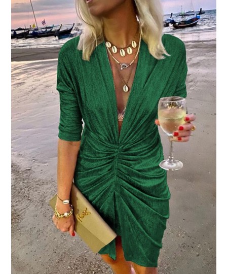 2022 Sexy Deep V Neck Draped Silk Party Dress Women New Elegant Slim Slit Mini Dress Spring Autumn Casual Solid Bodycon Dress...