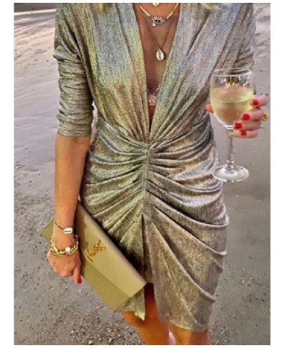 2022 Sexy Deep V Neck Draped Silk Party Dress Women New Elegant Slim Slit Mini Dress Spring Autumn Casual Solid Bodycon Dress...