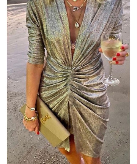 2022 Sexy Deep V Neck Draped Silk Party Dress Women New Elegant Slim Slit Mini Dress Spring Autumn Casual Solid Bodycon Dress...