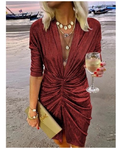 2022 Sexy Deep V Neck Draped Silk Party Dress Women New Elegant Slim Slit Mini Dress Spring Autumn Casual Solid Bodycon Dress...