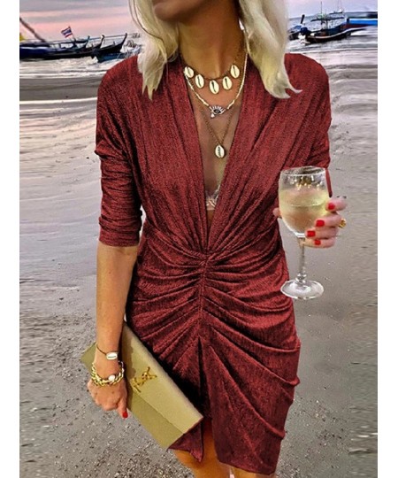 2022 Sexy Deep V Neck Draped Silk Party Dress Women New Elegant Slim Slit Mini Dress Spring Autumn Casual Solid Bodycon Dress...