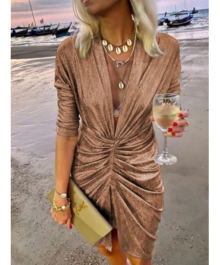 2022 Sexy Deep V Neck Draped Silk Party Dress Women New Elegant Slim Slit Mini Dress Spring Autumn Casual Solid Bodycon Dress...