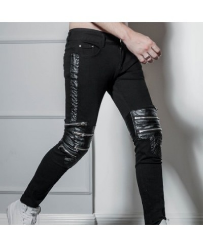 Hip-hop leather Pu zip-up jeans hip-hop men's plus-size pants skinny pants nightclub hip-hop slim pants $111.37 - Jeans