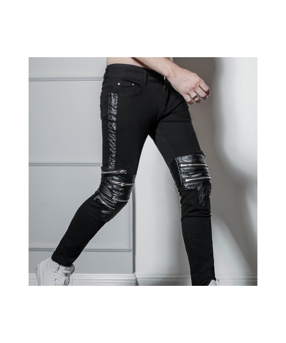 Hip-hop leather Pu zip-up jeans hip-hop men's plus-size pants skinny pants nightclub hip-hop slim pants $111.37 - Jeans