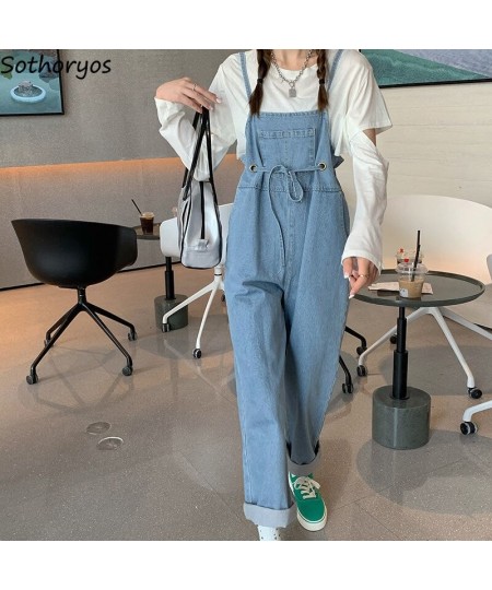 Jumpsuits Women Loose Solid Drawstring Stretchy Denim Washed Vintage Student BF Daily Simple All-match Trendy Streetwear Fema...