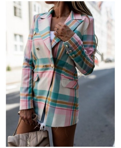 Office Lady Lapel Double Breasted Business Commute Blazers Spring Autumn Elegant Chic Coat Fashion Pink Plaid & Striped Blaze...