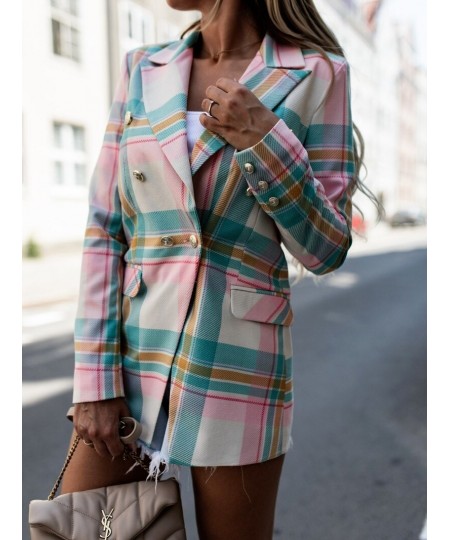 Office Lady Lapel Double Breasted Business Commute Blazers Spring Autumn Elegant Chic Coat Fashion Pink Plaid & Striped Blaze...