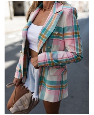 Office Lady Lapel Double Breasted Business Commute Blazers Spring Autumn Elegant Chic Coat Fashion Pink Plaid & Striped Blaze...