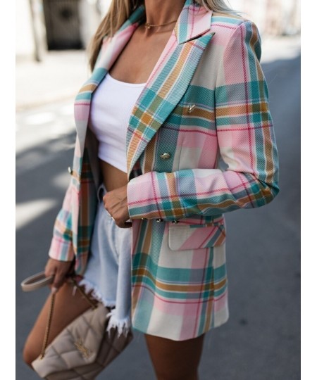 Office Lady Lapel Double Breasted Business Commute Blazers Spring Autumn Elegant Chic Coat Fashion Pink Plaid & Striped Blaze...