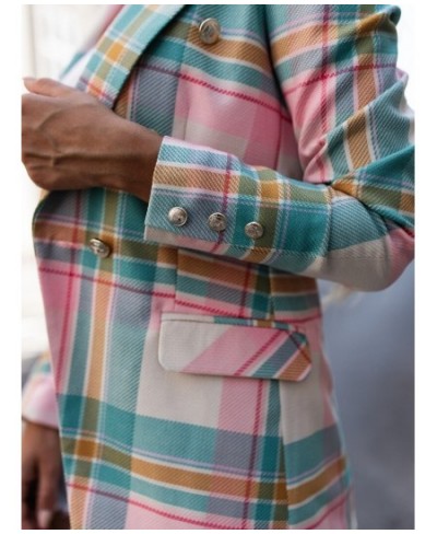 Office Lady Lapel Double Breasted Business Commute Blazers Spring Autumn Elegant Chic Coat Fashion Pink Plaid & Striped Blaze...