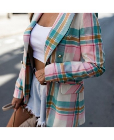 Office Lady Lapel Double Breasted Business Commute Blazers Spring Autumn Elegant Chic Coat Fashion Pink Plaid & Striped Blaze...