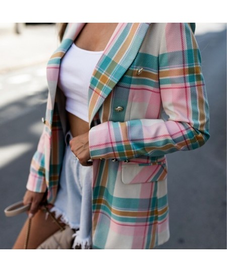 Office Lady Lapel Double Breasted Business Commute Blazers Spring Autumn Elegant Chic Coat Fashion Pink Plaid & Striped Blaze...