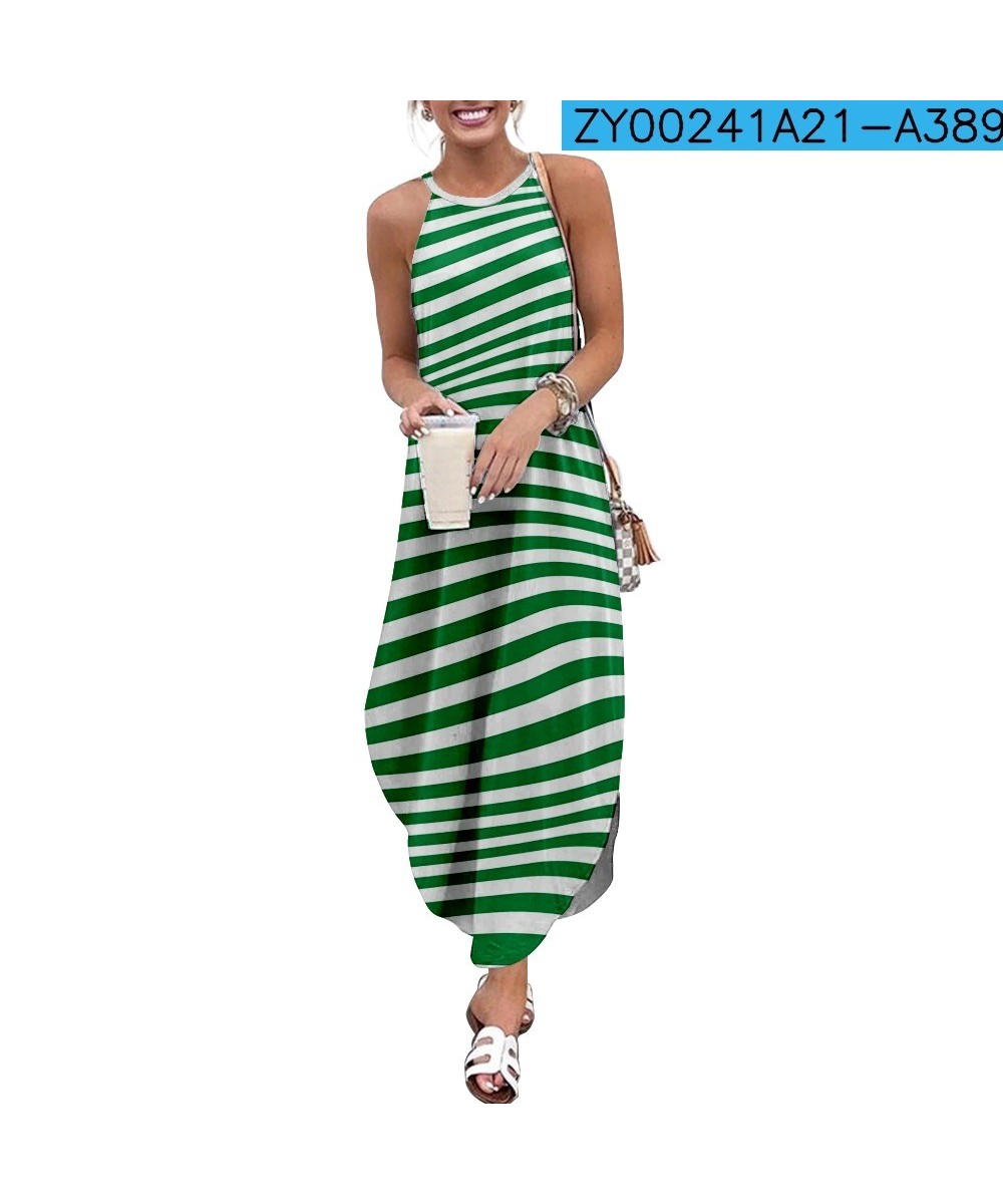 2022 Maxi Dresses For Women Stripe Printed Sleeveless Women Causal Summer Beach Dress Sling Long Dresses Streetwear 2XL $44.6...