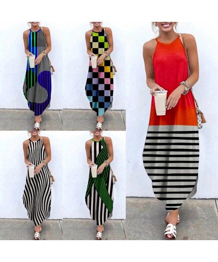 2022 Maxi Dresses For Women Stripe Printed Sleeveless Women Causal Summer Beach Dress Sling Long Dresses Streetwear 2XL $44.6...