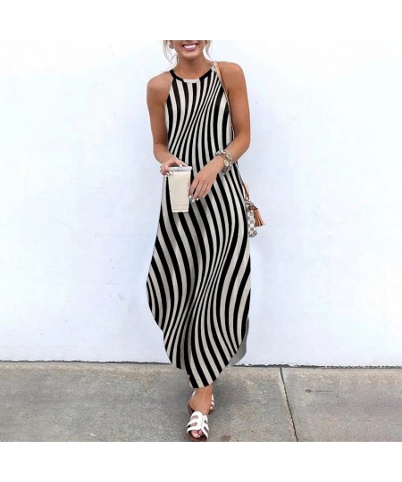 2022 Maxi Dresses For Women Stripe Printed Sleeveless Women Causal Summer Beach Dress Sling Long Dresses Streetwear 2XL $44.6...