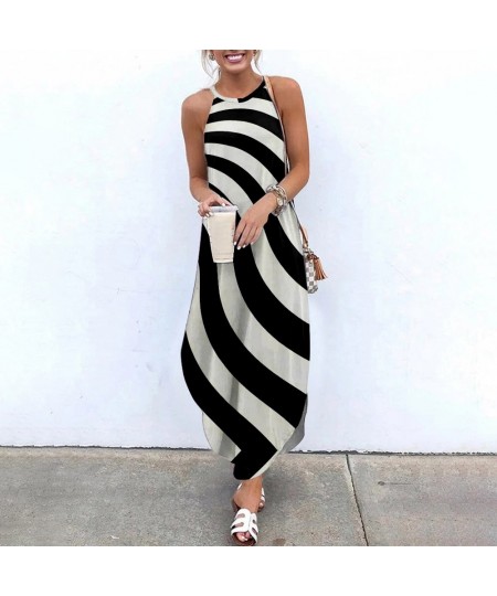 2022 Maxi Dresses For Women Stripe Printed Sleeveless Women Causal Summer Beach Dress Sling Long Dresses Streetwear 2XL $44.6...