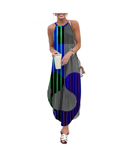 2022 Maxi Dresses For Women Stripe Printed Sleeveless Women Causal Summer Beach Dress Sling Long Dresses Streetwear 2XL $44.6...