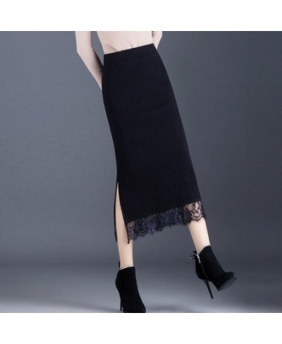 Black Lace Knitting Cotton Spliced Straight Ladies Skirt Slim High Strecth Mid Length Split Thickened Wool Skirt Office Lady ...