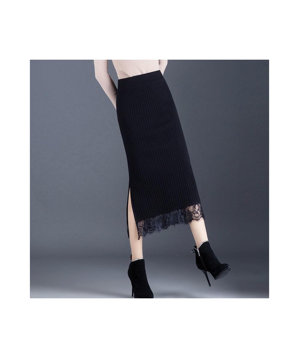 Black Lace Knitting Cotton Spliced Straight Ladies Skirt Slim High Strecth Mid Length Split Thickened Wool Skirt Office Lady ...