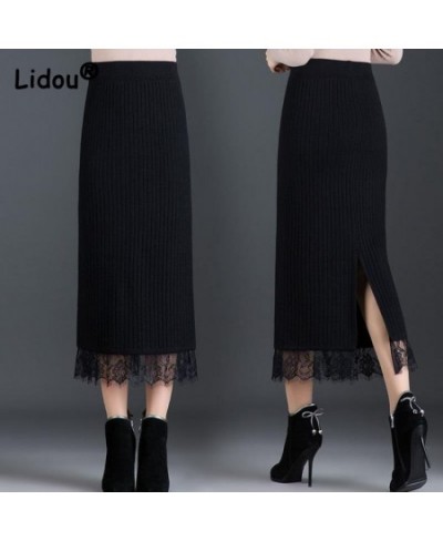 Black Lace Knitting Cotton Spliced Straight Ladies Skirt Slim High Strecth Mid Length Split Thickened Wool Skirt Office Lady ...