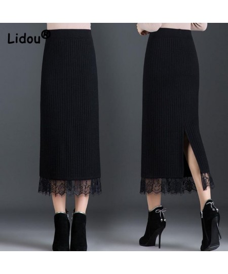 Black Lace Knitting Cotton Spliced Straight Ladies Skirt Slim High Strecth Mid Length Split Thickened Wool Skirt Office Lady ...