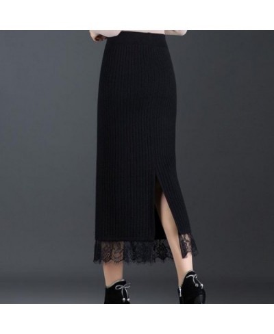 Black Lace Knitting Cotton Spliced Straight Ladies Skirt Slim High Strecth Mid Length Split Thickened Wool Skirt Office Lady ...