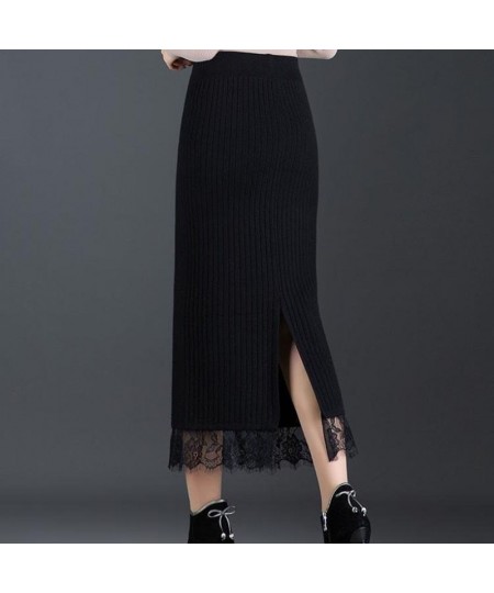 Black Lace Knitting Cotton Spliced Straight Ladies Skirt Slim High Strecth Mid Length Split Thickened Wool Skirt Office Lady ...