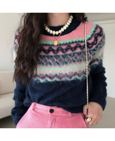 Komiyama All Match Retro Hit Color Jacquard Women Sweaters O Neck Long Sleeve Y2k Clothes Fall Winter Knitwear Pullover Tops ...