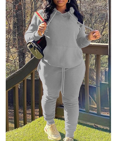 BASICS Plus Size Kangaroo Pocket Drawstring Tracksuit Set 2022 Autumn winter warm Two Piece Set Long Sleeved Hoodies Sportsw ...