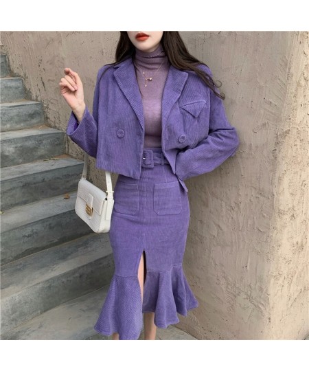 Women Two-piece Purple Dress sets Casual Long Sleeve Blazer+ Split Trumpet Skirt Office Lady Spring fall solid Suits Coat $65...