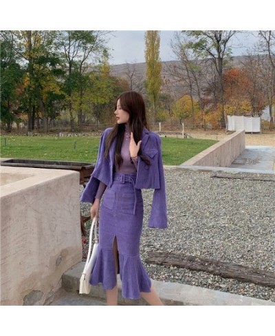 Women Two-piece Purple Dress sets Casual Long Sleeve Blazer+ Split Trumpet Skirt Office Lady Spring fall solid Suits Coat $65...