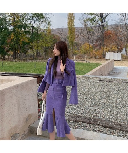 Women Two-piece Purple Dress sets Casual Long Sleeve Blazer+ Split Trumpet Skirt Office Lady Spring fall solid Suits Coat $65...