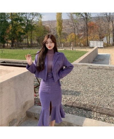 Women Two-piece Purple Dress sets Casual Long Sleeve Blazer+ Split Trumpet Skirt Office Lady Spring fall solid Suits Coat $65...