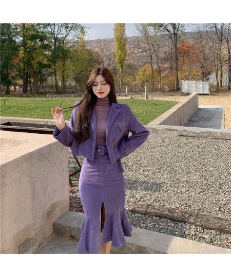 Women Two-piece Purple Dress sets Casual Long Sleeve Blazer+ Split Trumpet Skirt Office Lady Spring fall solid Suits Coat $65...