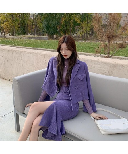 Women Two-piece Purple Dress sets Casual Long Sleeve Blazer+ Split Trumpet Skirt Office Lady Spring fall solid Suits Coat $65...