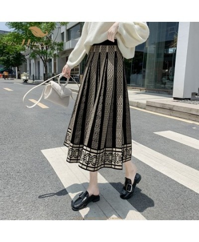 Winter Black Pleated Knitted Skirt Women Boho Print Vintage High Waist Skirt 2022 Casual Skirt WF0234 $62.10 - Skirts