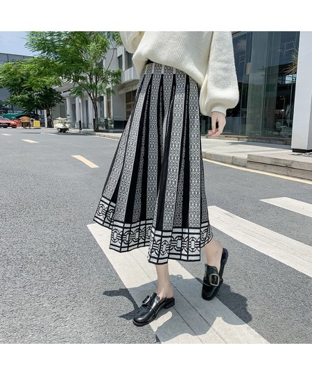 Winter Black Pleated Knitted Skirt Women Boho Print Vintage High Waist Skirt 2022 Casual Skirt WF0234 $62.10 - Skirts