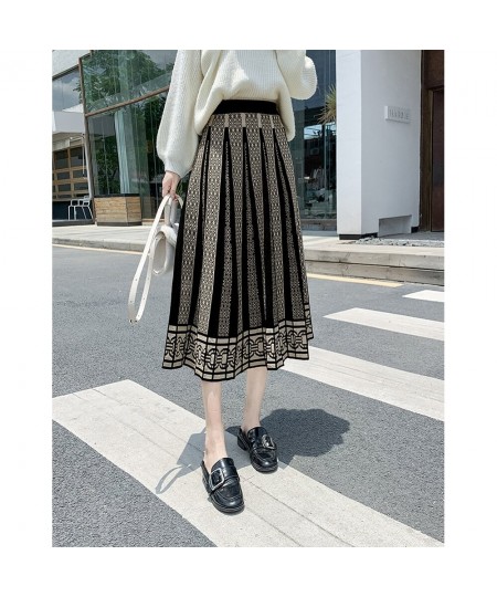 Winter Black Pleated Knitted Skirt Women Boho Print Vintage High Waist Skirt 2022 Casual Skirt WF0234 $62.10 - Skirts