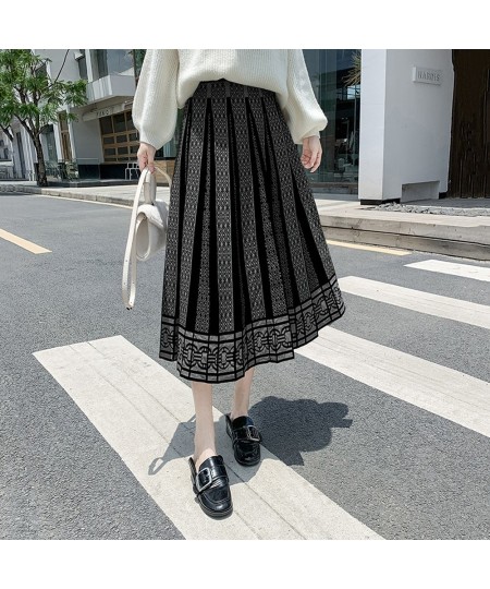 Winter Black Pleated Knitted Skirt Women Boho Print Vintage High Waist Skirt 2022 Casual Skirt WF0234 $62.10 - Skirts