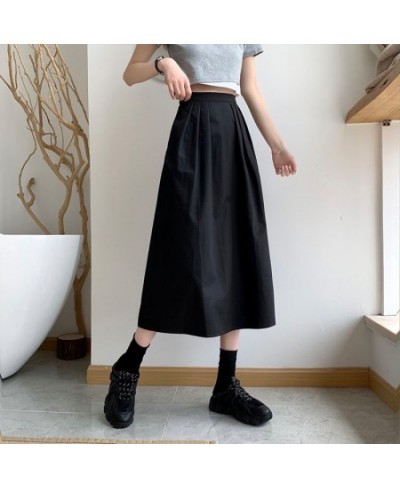 Casual Solid All-match Pleated Midi Long Skirt for Women 2023 New Korean Simple A Line High Waist Mid-length Skirt Female $37...