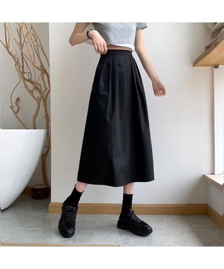 Casual Solid All-match Pleated Midi Long Skirt for Women 2023 New Korean Simple A Line High Waist Mid-length Skirt Female $37...