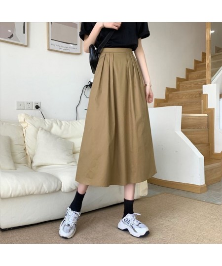 Casual Solid All-match Pleated Midi Long Skirt for Women 2023 New Korean Simple A Line High Waist Mid-length Skirt Female $37...