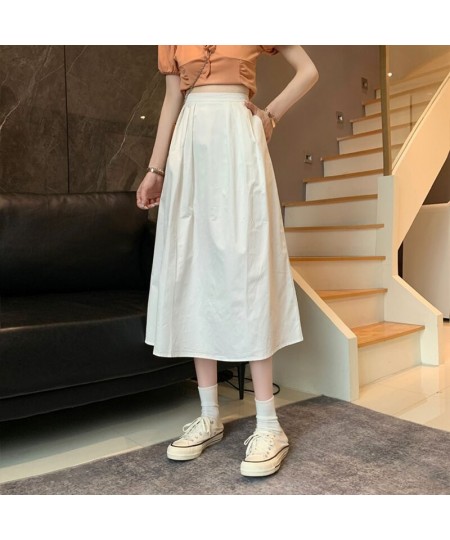 Casual Solid All-match Pleated Midi Long Skirt for Women 2023 New Korean Simple A Line High Waist Mid-length Skirt Female $37...