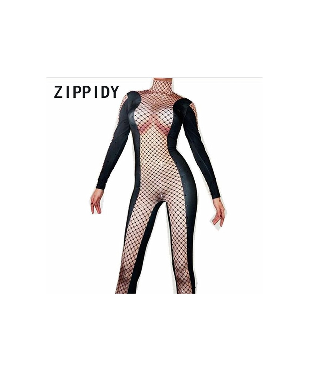 Black Stones Mesh Printed Nude Stretch Jumpsuit Nightclub Female Singer Bodysuit Dance Outfit Women's Prom Party Sexy Stage $...