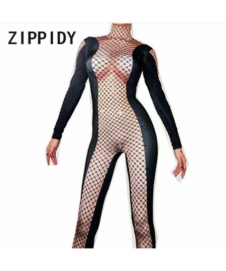 Black Stones Mesh Printed Nude Stretch Jumpsuit Nightclub Female Singer Bodysuit Dance Outfit Women's Prom Party Sexy Stage $...