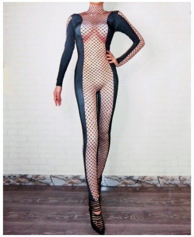 Black Stones Mesh Printed Nude Stretch Jumpsuit Nightclub Female Singer Bodysuit Dance Outfit Women's Prom Party Sexy Stage $...