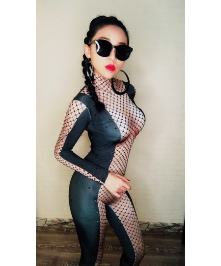 Black Stones Mesh Printed Nude Stretch Jumpsuit Nightclub Female Singer Bodysuit Dance Outfit Women's Prom Party Sexy Stage $...